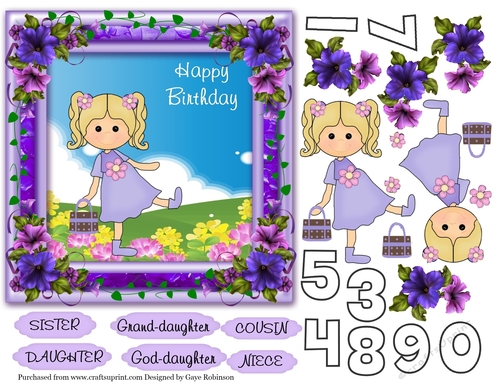 Purple frame, Ivy, Petunias, Cartoon Girl in lilac