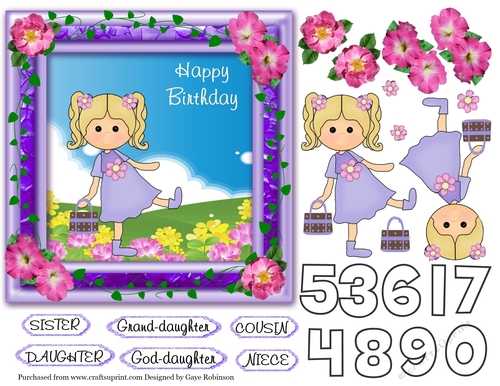 Purple frame, Ivy, Pink Roses, Cartoon Girl in lilac
