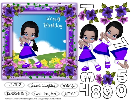 Purple frame, Ivy, Petunias, Cartoon Girl in lilac