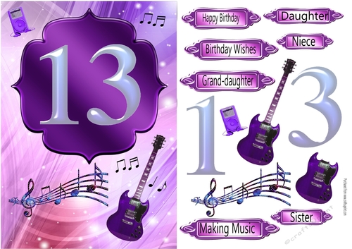 Age 13 guitar card - Pink