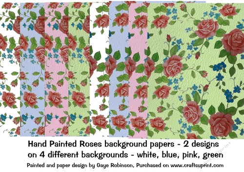 Hand painted Roses background papers x 8 with white, pink, blue or green backgrounds