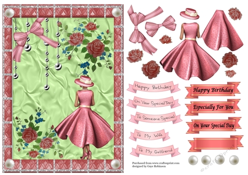 Lady in Pink dress in red frame with roses and pearls - Birthday