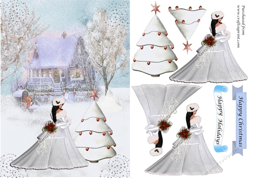 Christmas lady, tree and cottage in the snow