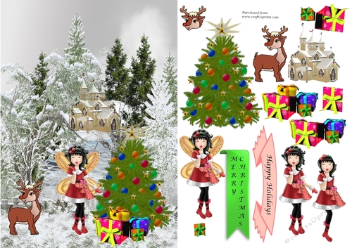 Christmas fairy, tree, reindeer and house scene