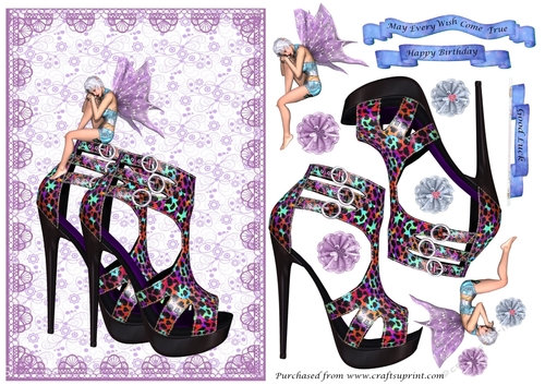 Fairy sitting on multi print shoe