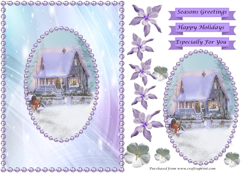 Winter cottage with lilac flowers and lilac pearls 