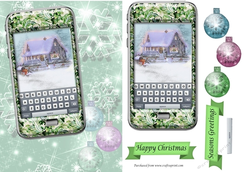 Green phone with winter cottage, snow and bauble background