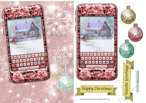 Red phone with winter cottage, snow and bauble background