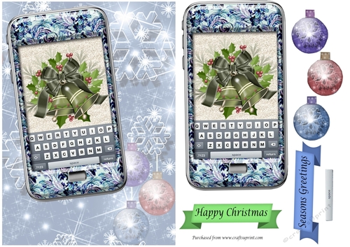 Blue Phone with Christmas Bells, Snowflake and bauble background