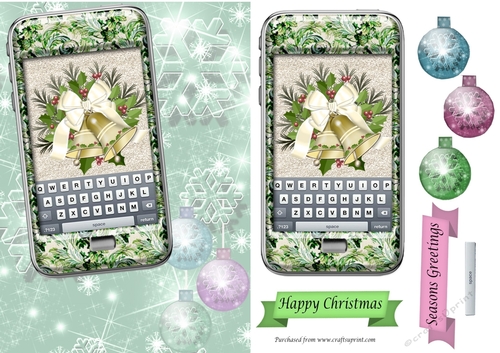 Green Phone with Christmas Bells, Snowflake and bauble background
