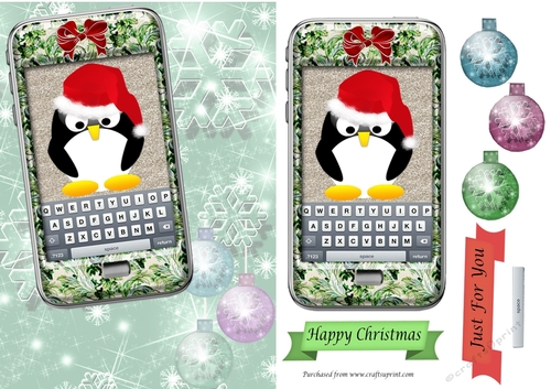 Green phone with penguin and bow, snowflakes and baubles background