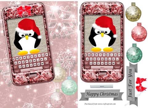 Red phone with penguin and bow, snowflakes and baubles background