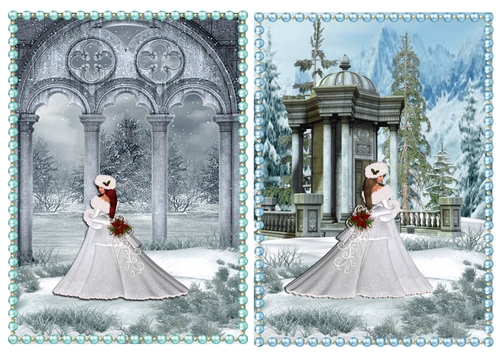 Two Frozen land scene toppers with Christmas Ladies and Pearl frames.