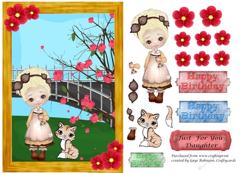 Little Girl with kitten in garden with bridge and tree 2
