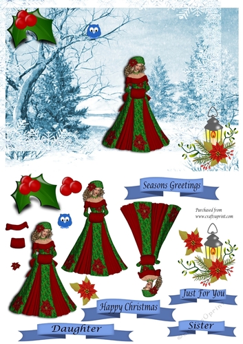 Festive Lady in snowy wood with owl