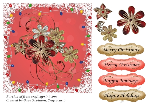 Gold & Red flower swirl in xmas lights and snowflake frame 