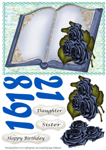 Blue open book with roses 16, 18, 21