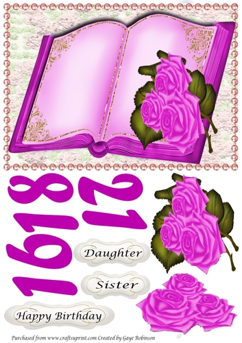 Purple open book with roses 16, 18, 21
