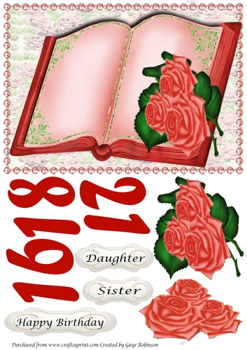 Red open book with roses 16, 18, 21