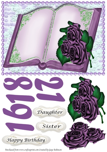 Lavender open book with roses 16, 18, 21