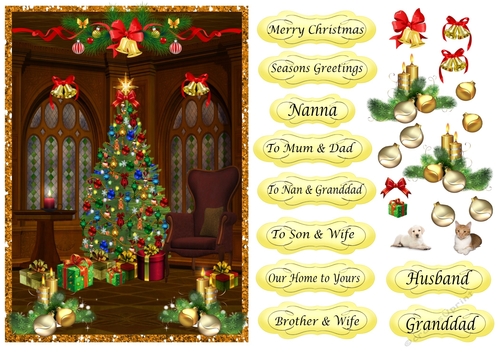 Christmas scene with tree and chair, various greetings