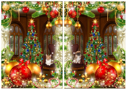 Christmas toppers with baubles, string beads and cat or dog on chair