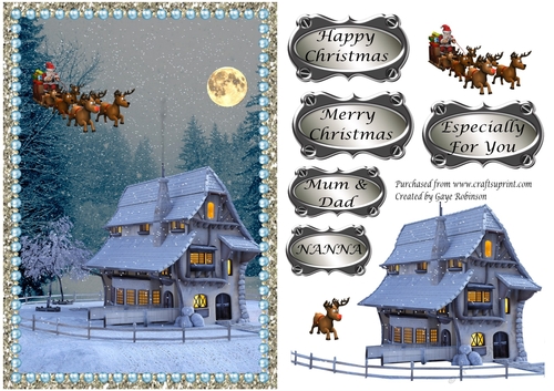 Santa flying at full moon over Cottage