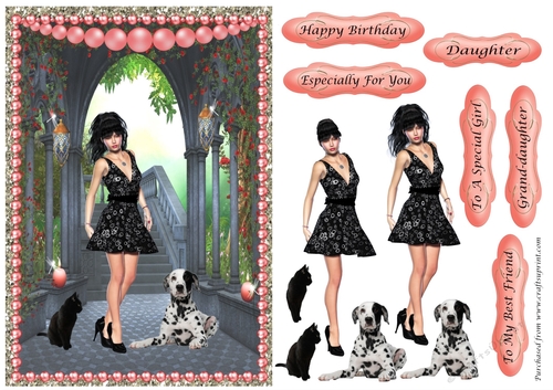 Girl in black dress with cat & dalmatian in pearl frame decoupage