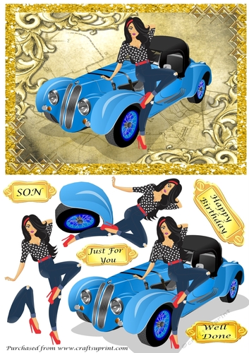 Girl leaning on blue vintage sports car - decoupage