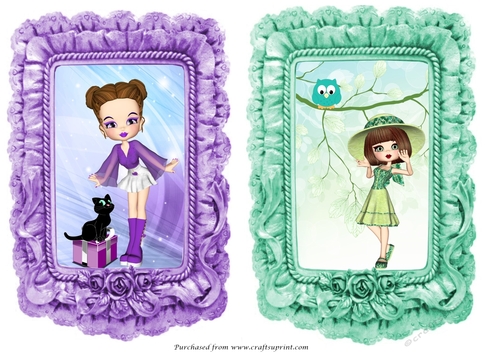 2 FrillyToppers one Purple, one Turquoise both with a cute girl on matching background