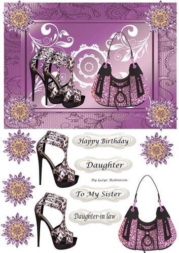  Purple bag and animal print shoes on black lace and purple frame