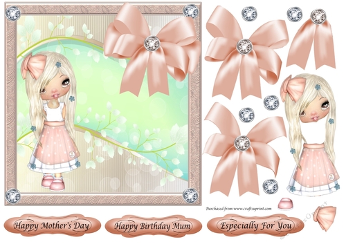 Mothers Day or Birthday Mum card, Cute girl in pink frame with bow 7x7