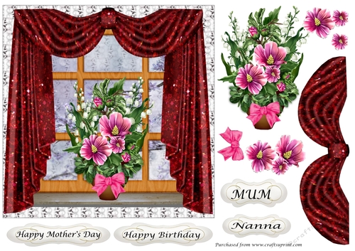 Mothers Day Flowers on windowsill 7x7 Red Curtains
