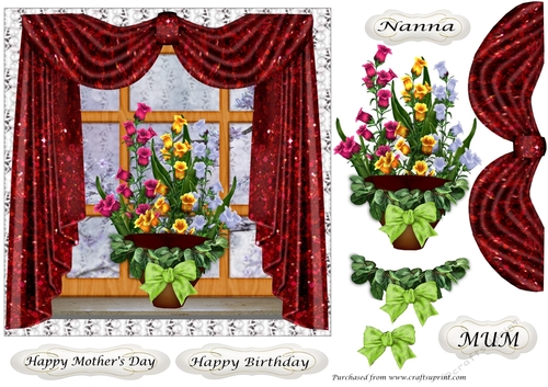Mothers Day Flowers on windowsill 7x7 Red Curtains 1