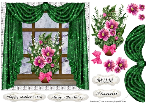 Mothers Day Flowers on windowsill 7x7 Green Curtains 