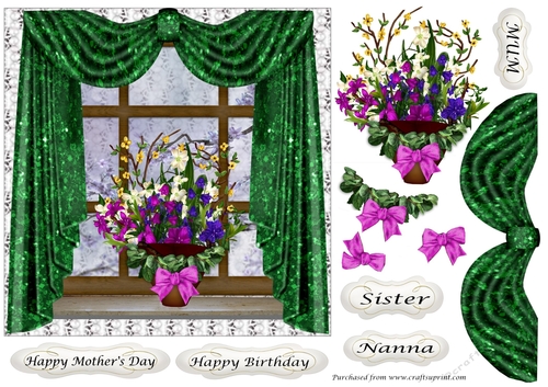 Mothers Day Flowers on windowsill 7x7 Green Curtains 1