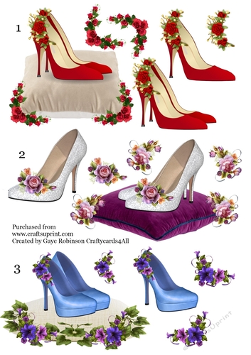 Red, White & Blue shoes on cushions with flowers decoupage sheet