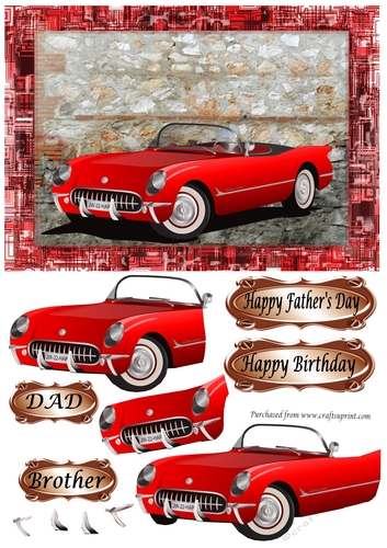 Red Open Top Sports car decoupage Fathers Day or Birthday