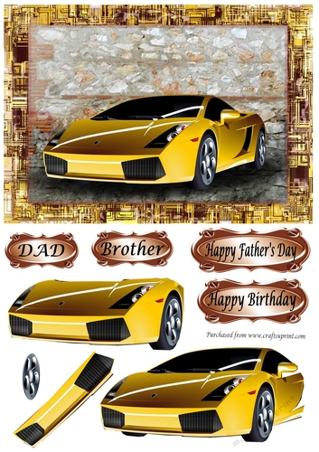 Yellow Sports car decoupage Fathers Day or Birthday