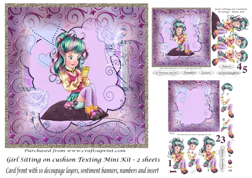 Girl on Purple cushion texting - Mini kit - card front & insert, decoupage, numbers, sentiments