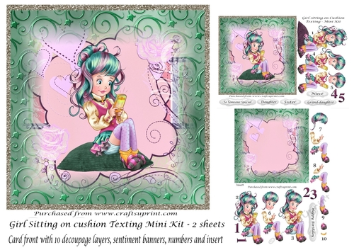 Girl on Green cushion texting - Mini Kit with cardfront & insert, decoupage, numbers and sentiments