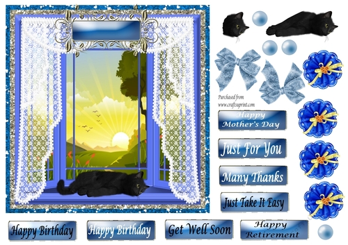 Black cat laying in Blue Bay Window - Various greetings