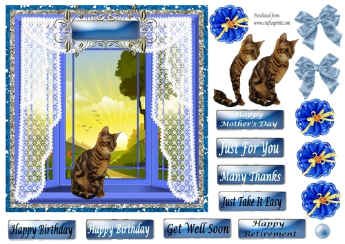 Tabby cat sitting in Blue Bay Window - Various greetings