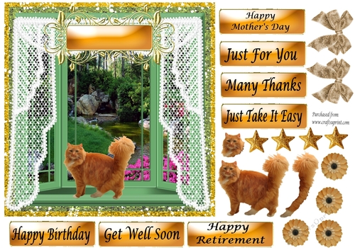 Fluffy Ginger Cat in Green Bay Window - various greetings