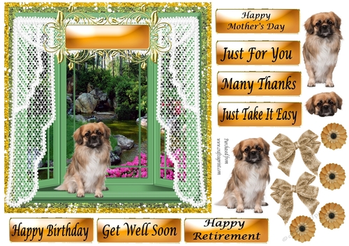 Fluffy Pug Dog in Green Bay Window - various greetings