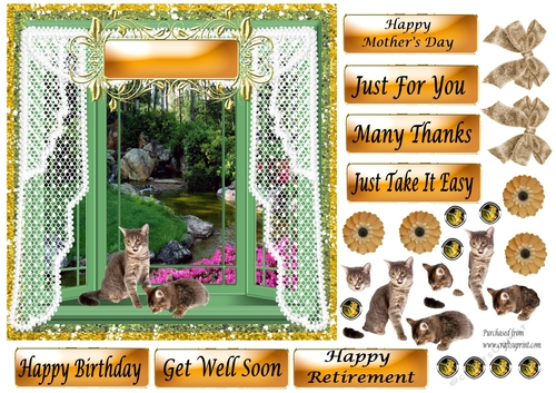 Two Kittens in Green Bay Window - various greetings