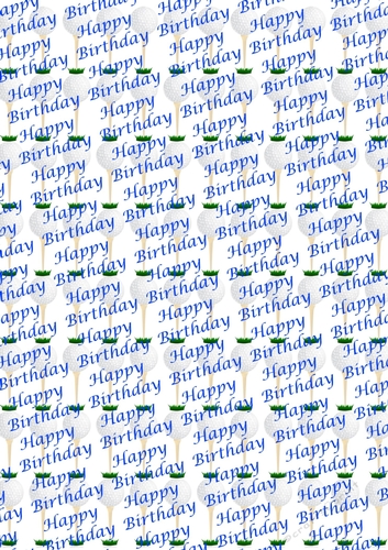 Golf ball on tee backing paper with Happy Birthday script blue