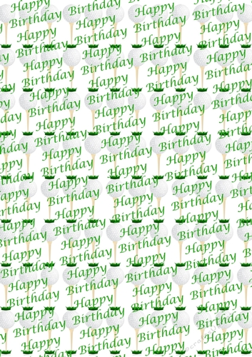 Golf ball on tee backing paper with Happy Birthday script green