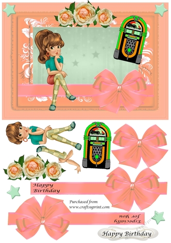 Retro girl and juke box in frame with bow