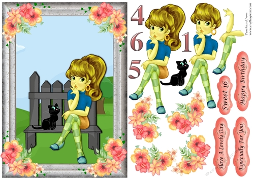 Retro girl on bench with cat - ages 14-16